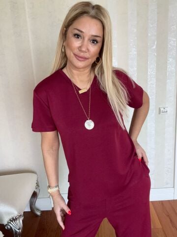 Rosy Düz V Yaka Bordo Takım