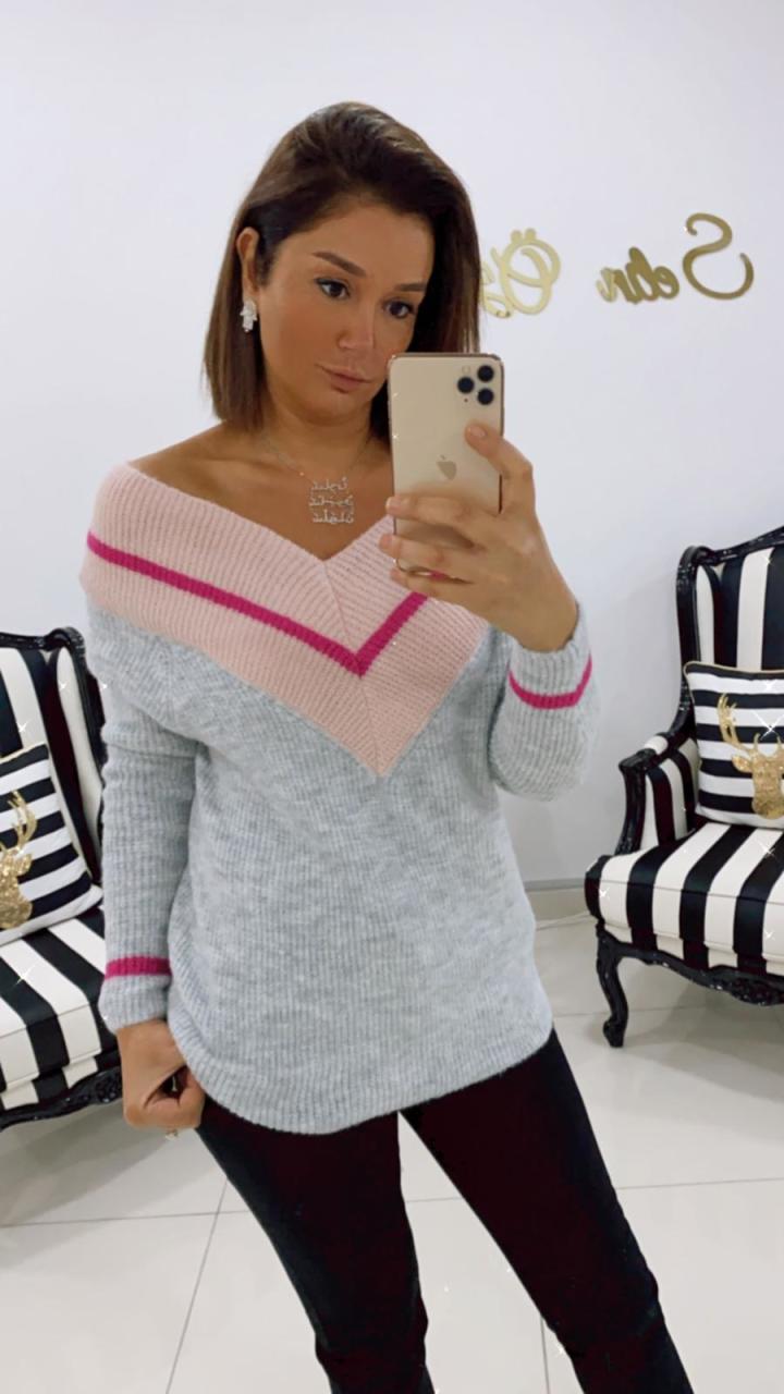 Gri Pembe Çizgili Kazak