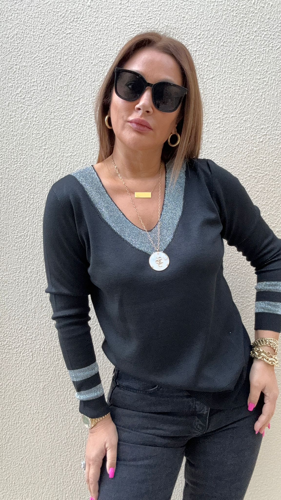 Tores V Yaka Simli Siyah Triko