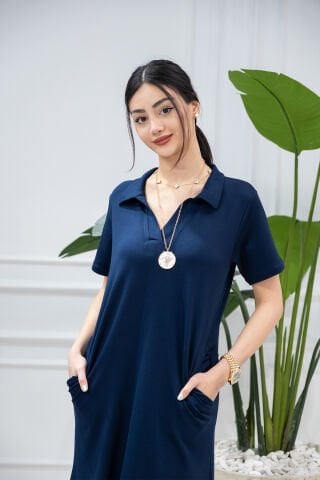 Nera Lacivert Polo Yaka Elbise
