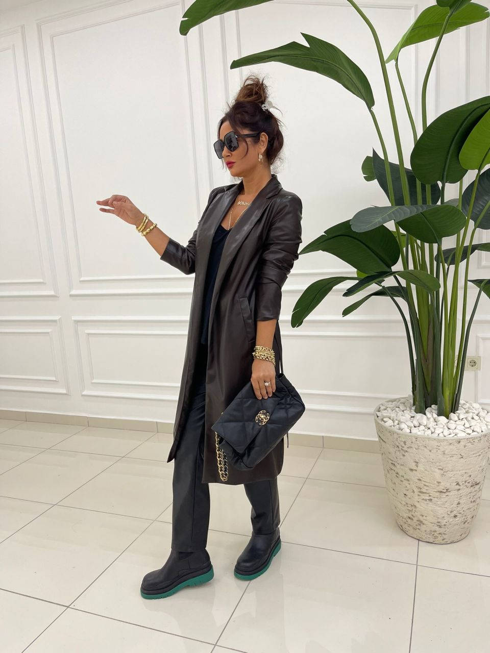Janet Kahve Deri Trench