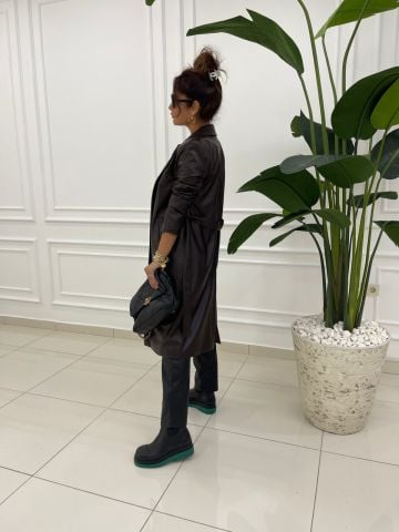 Janet Kahve Deri Trench