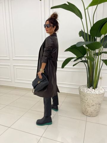 Janet Kahve Deri Trench