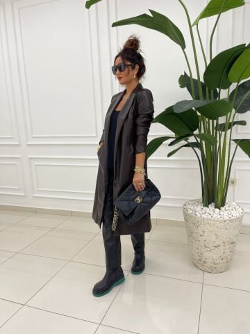 Janet Kahve Deri Trench