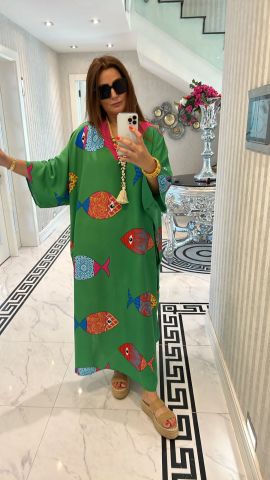 Rena Yeşil Balık Desen Elbise