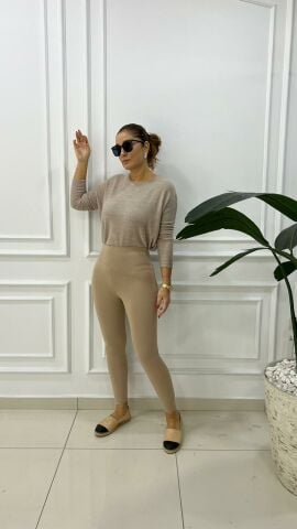 Bir Beden İnce Gösteren Taş Rengi Tayt