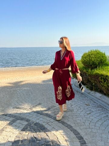 Lalisa Kadın Bordo Otantik Desen Elbise