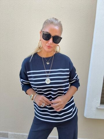 Omle Lacivert Beyaz Çizgili Triko