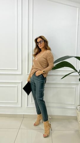 Ester Kadın Petrol Yeşil Deri Pantolon