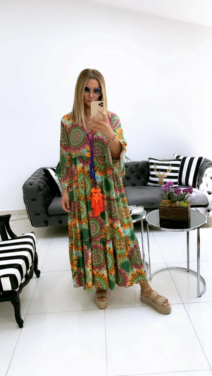 AN104 Mandala Desen Yeşil Elbise