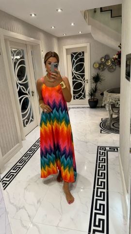 Ronni Zikzak Desen Fuşya Askılı Elbise FUŞYA - XL