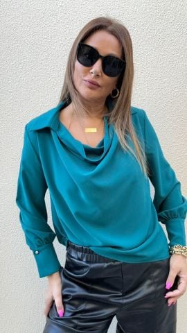 Degaje Yaka Petrol Yeşil Bluz
