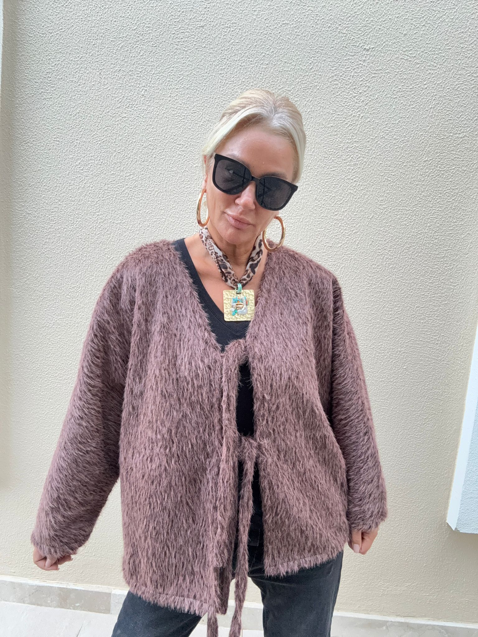 Senteka Kahverengi Bağlamalı Kırçıllı Ceket