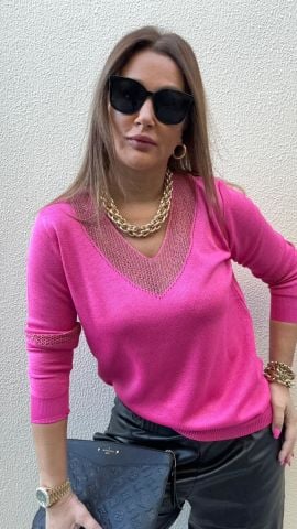 Barge Yaka Ve Kol Simli Pembe Triko