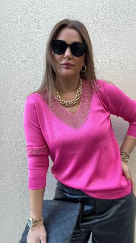 Barge Yaka Ve Kol Simli Pembe Triko