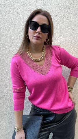 Barge Yaka Ve Kol Simli Pembe Triko