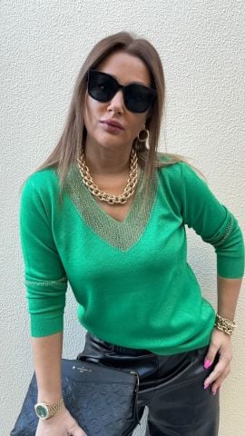 Barge Yaka Ve Kol Simli Yeşil Triko