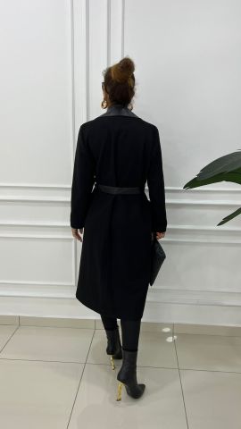Breysa Kadın Siyah Deri Kaşe Kaban