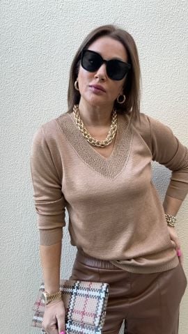 Barge Yaka Ve Kol Simli Camel Triko