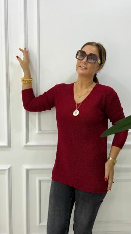 Melna Kadın Bordo Simli Triko