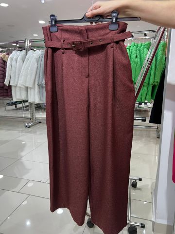 Kadın Kemerli Bordo Kumaş Pantalon