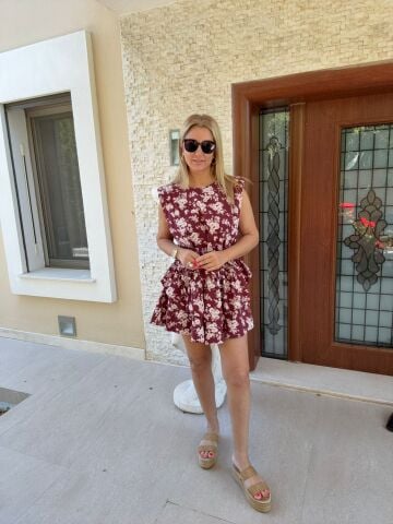 Beysa Bordo Çiçekli Elbise BORDO - L