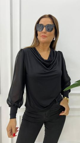 Şal Yaka Kolları şifonlu Siyah Bluz