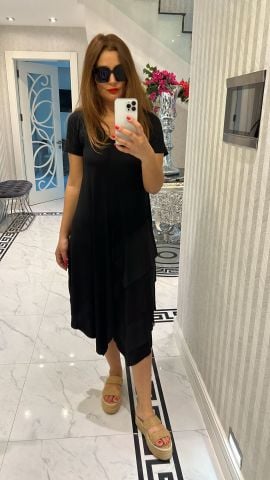 Yanı Tül Detaylı Kadın Siyah Elbise