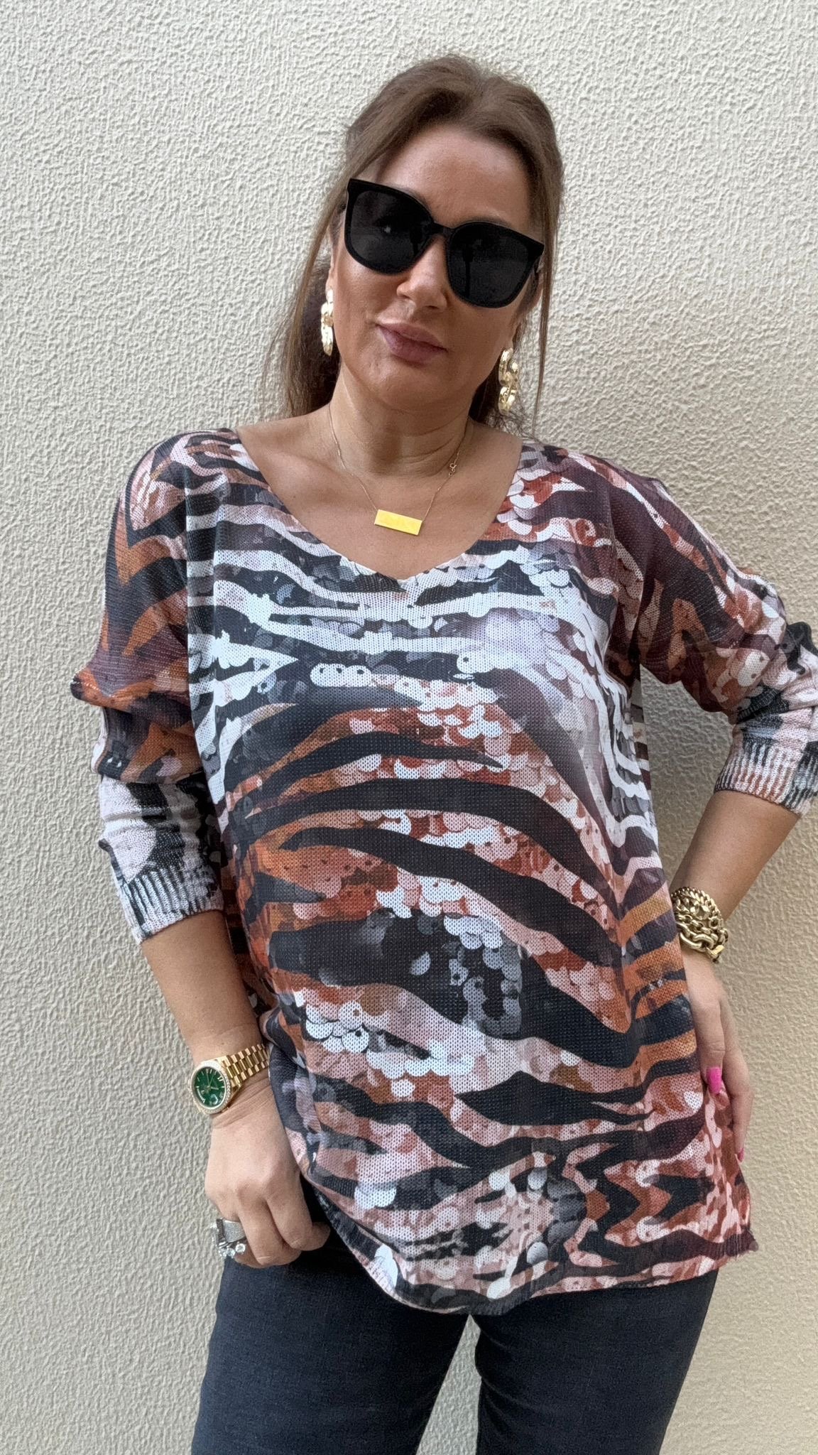 Sürreal Ekru Zebra Pullu Kazak