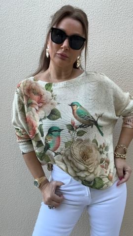 Papağan Desen Krem Rengi Kazak
