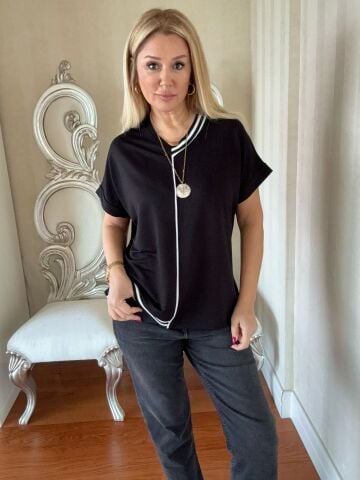 Elina Ribanalı V Yaka Siyah Bluz