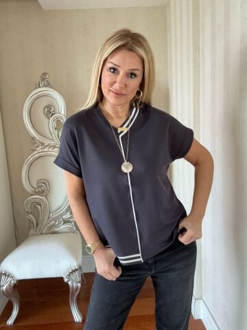 Elina Ribanalı V Yaka Antrasit Bluz