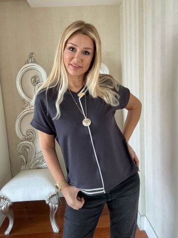 Elina Ribanalı V Yaka Antrasit Bluz