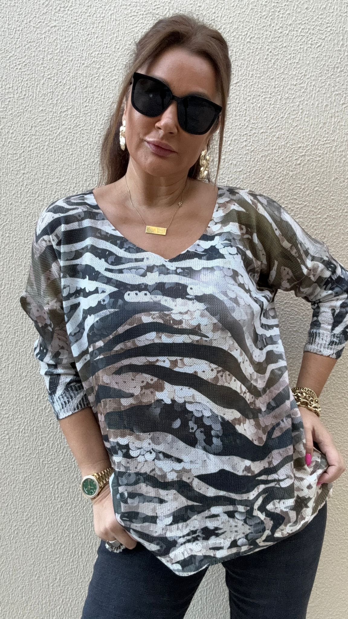 Sürreal Haki Pullu Zebra Kazak