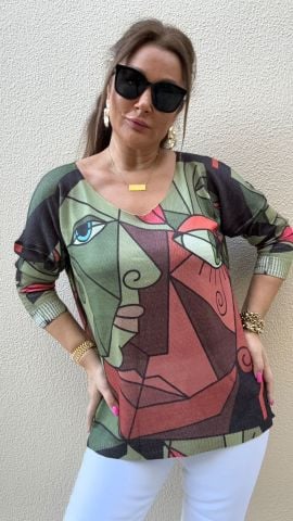 Sürreal Haki Yeşil Desenli Kazak