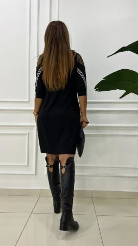 Kolu Şeritli Siyah Cepli Elbise