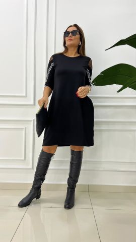 Kolu Şeritli Siyah Cepli Elbise