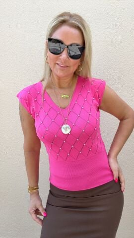 Fonde Pembe Taşlı Triko