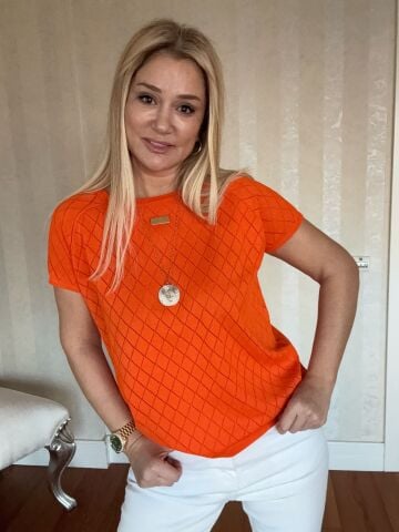 Anissa Turuncu Baklava Desen Büyük Beden Triko
