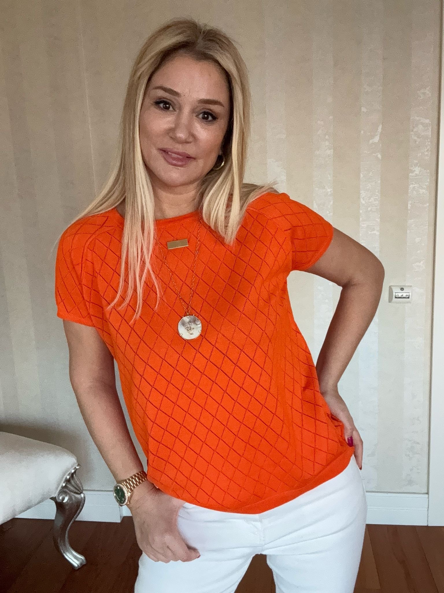 Anissa Turuncu Baklava Desen Büyük Beden Triko