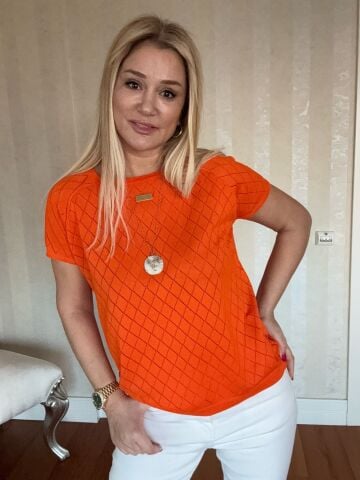 Anissa Turuncu Baklava Desen Büyük Beden Triko
