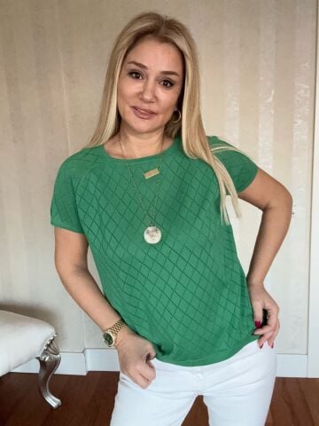 Anissa Yeşil Baklava Desen Büyük Beden Triko