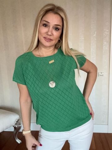 Anissa Yeşil Baklava Desen Büyük Beden Triko