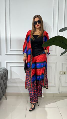 Whisper Saks-Kırmızı Desenli Kimono Takım