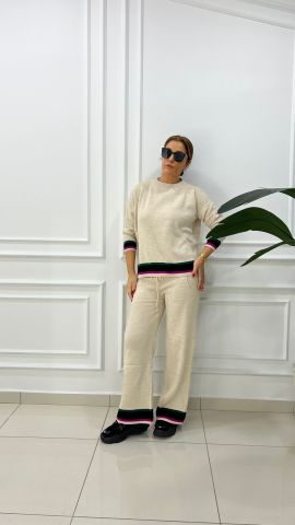 Leca Kadın Bej-Macenta Triko Takım