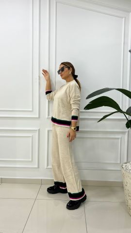 Leca Kadın Bej-Macenta Triko Takım