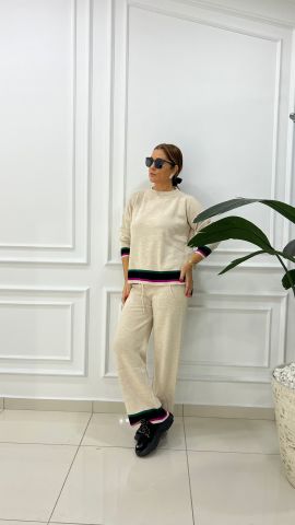 Leca Kadın Bej-Macenta Triko Takım