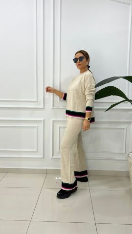 Leca Kadın Bej-Macenta Triko Takım