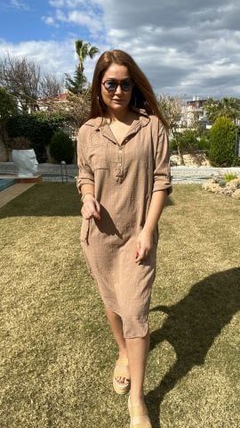 Feli Camel Keten Gömlek Elbise