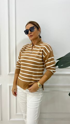 Gina Kadın Camel Fermuar Yaka Triko